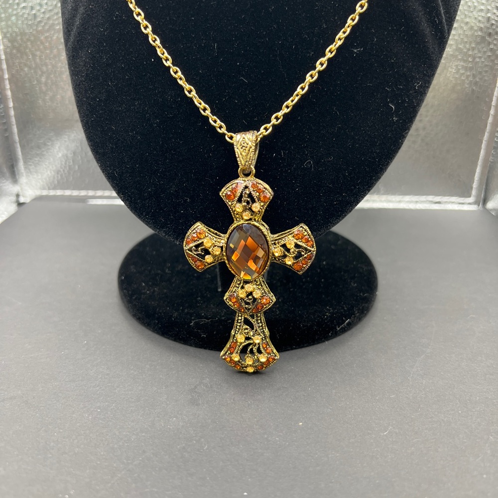 Large Gold Tone Crystal Cross Pendant Necklace 20” Statement Ornate Filgree